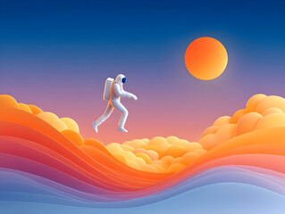 Astronaut explore sky and space, running across colorful, undulating hills near rising sun, fluffy clouds surrounding surreal cosmic terrain