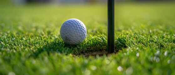 The golf ball resting beside the flagstick on a manicured putting green at sunrise