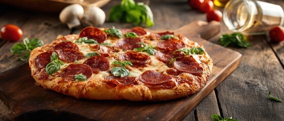 The Pizza on a Rustic Wooden Board with Fresh Basil, Cherry Tomatoes, Mushrooms, Olive Oil