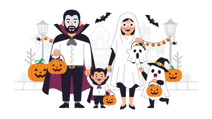 Family's Halloween: A happy family dressed in Halloween costumes is smiling as they walk towards the house, with the background decorated with pumpkins and lights. 