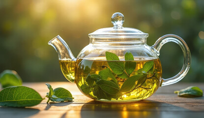 Refreshing Herbal Tea in Glass Teapot, Perfect for a Peaceful Moment