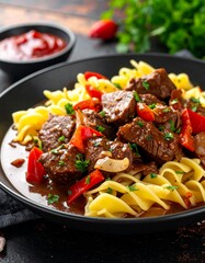 Fototapeta premium Ein dampfender Teller Rindergulasch mit zarten Fleischstücken, Paprika und Zwiebeln, serviert mit Spätzle.