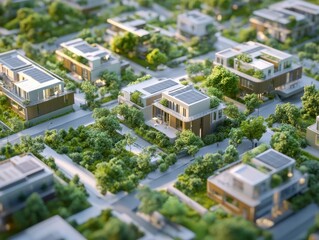 Eco district – Model of eco-residential district with smart homes, rooftop gardens, and EV charging, placed on urban blueprints. White background.