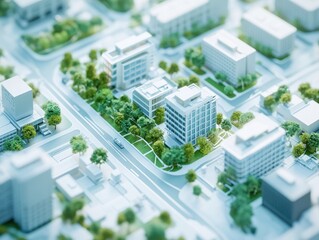 Eco district – Model of eco-residential district with smart homes, rooftop gardens, and EV charging, placed on urban blueprints. White background.