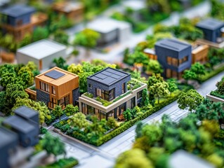 Eco district – Model of eco-residential district with smart homes, rooftop gardens, and EV charging, placed on urban blueprints. White background.