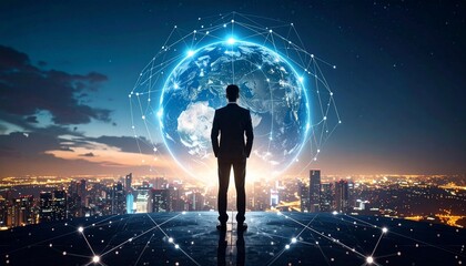 Businessman standing before the digital globe and cityscape with business vision concept.