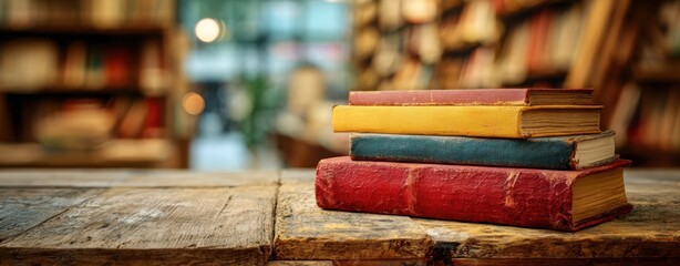 The stack of vintage books resting on a rustic wooden table.