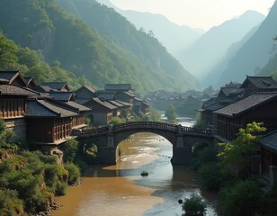 Ancient Chinese Hmong village nestled in mountains. Traditional houses line muddy river with stone bridge. Verdant hills rise into distance with mist and fog. Asia landscape travel destination.