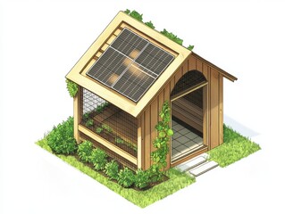 Chicken coop – Isometric drawing of a sustainable chicken coop with solar lighting for off-grid farming. White background.