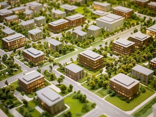 Hybrid zone – Scale model of mixed-use district with green rooftops, smart waste, and digital urban planning layout. White background.