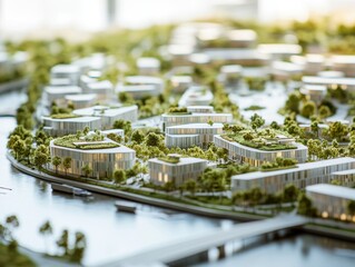 Hybrid zone – Scale model of mixed-use district with green rooftops, smart waste, and digital urban planning layout. White background.