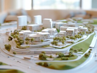 Hybrid zone – Scale model of mixed-use district with green rooftops, smart waste, and digital urban planning layout. White background.