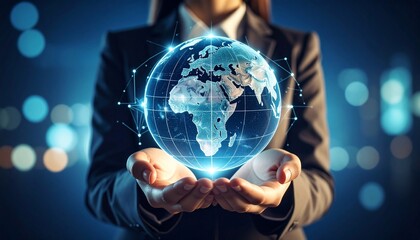 Businesswoman Holding Digital Earth Globe Global Connection  Futuristic Concept.