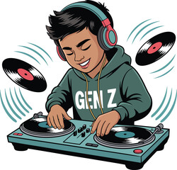 Cartoon DJ Boy Mixing Turntables Vector Graphic Illustration