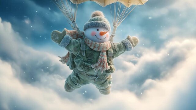 A snowman joyfully parachutes down through fluffy clouds, bringing Christmas holiday cheer to the wintery landscape in December