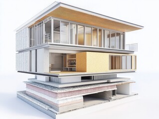 Insulation – Sectional view of building insulation system with air barriers and eco windows for energy efficiency. White background.