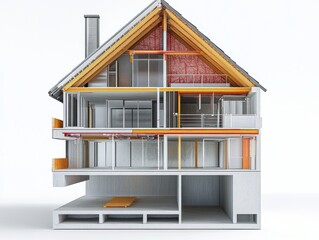 Insulation – Sectional view of building insulation system with air barriers and eco windows for energy efficiency. White background.