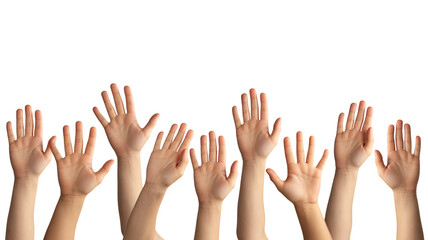 Obraz premium Diverse group raises hands in unity, perfect for collaboration concepts