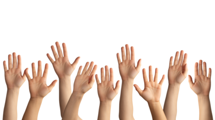 Diverse group raises hands in unity, perfect for collaboration concepts