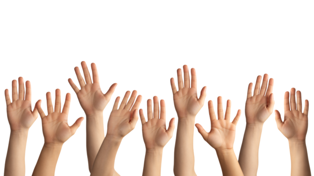 Diverse group raises hands in unity, perfect for collaboration concepts