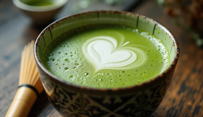 Delicious Matcha Latte with Heart-Shaped Foam Art