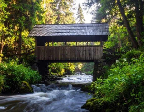 Rustic wooden bridge over a flowing stream in a lush forest - Powered by Adobe