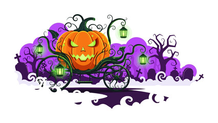 Spooky Pumpkin Carriage: An illustration of a bewitching pumpkin carriage, complete with glowing lanterns, amidst an eerie, atmospheric backdrop of a graveyard and dark trees. 