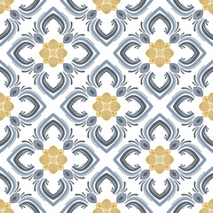 Fototapeta premium Golden floral seamless pattern with geometric background.