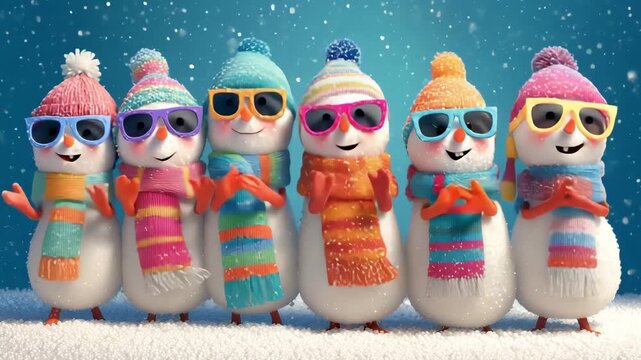 Snowmen team dressed in colorful scarves and sunglasses gather together to appload and celebrate the winter holidays with joy during December