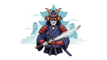 Samurai Warrior Illustration: A stoic samurai warrior in full traditional armor stands resolute, poised with a gleaming katana, set against the backdrop of an iconic pagoda.