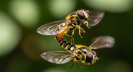 Two hoverflies mating in mid-air, a dance of life.