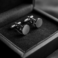 Obraz premium Silver metallic cufflinks in textured box – elegant formal men’s fashion accessory