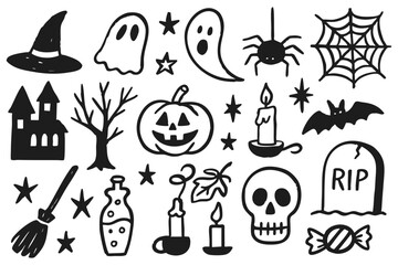 Halloween spooky doodle icons collection with haunted house, ghost, pumpkin, skull, spider, candle, tombstone, witch hat, bat, broom, potion, tree, stars, candy, web illustration set