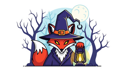 Enchanting Fox Wizard in Mystical Forest: A charismatic fox, donned in a wizard's hat and robes, illuminates the path through a spooky forest. The fox holds a lantern.