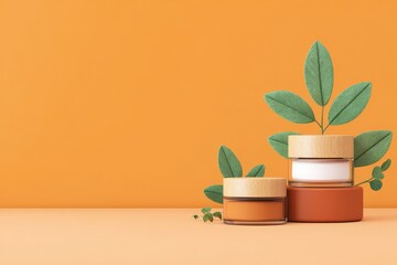 Stylish Skincare Containers with Green Leaves on Vibrant Orange Background.