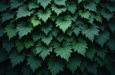 Dark green leaf foliage background. Nature screensaver with dense ivy leaves, garden hedge, forest plant or wall decor. Natural, organic texture. Summer, spring backdrop. Bush with vine closeup.