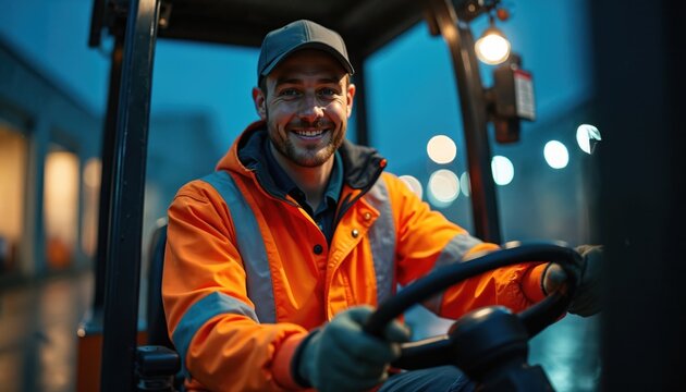 Smiling forklift operator at night. Happy man drives machine on warehouse. Skilled worker in high-visibility orange jacket at workplace. Commercial delivery service, logistics, industrial - Powered by Adobe