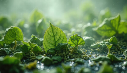 Vibrant Green Shoots Emerging in a Greenhouse Setting