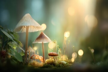 Enchanting Forest Mushrooms with Magical Sunlight and Dreamy Bokeh Effects.