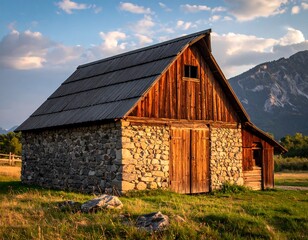 Obraz premium Rustic wooden barn nestled in a grassy meadow with mountains in the background