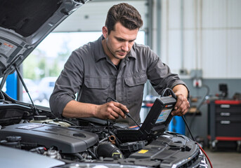 Modern auto mechanic diagnosing engine problem with diagnostic tool in professional garage setting, ensuring reliable vehicle repair for customer satisfaction
