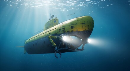 Yellow Submarine Underwater, Exploring Deep Ocean Depths.