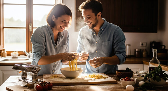 A couple cooking together in a kitchen