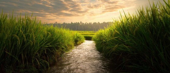 Obraz premium The Stream Flowing Between Lush Rice Fields at Golden Sunset