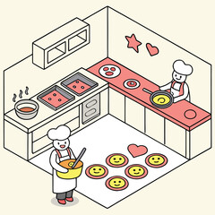 Playful illustration featuring a chef emoji preparing food with various ingredients and kitchen utensils perfect for culinary themes and fun designs