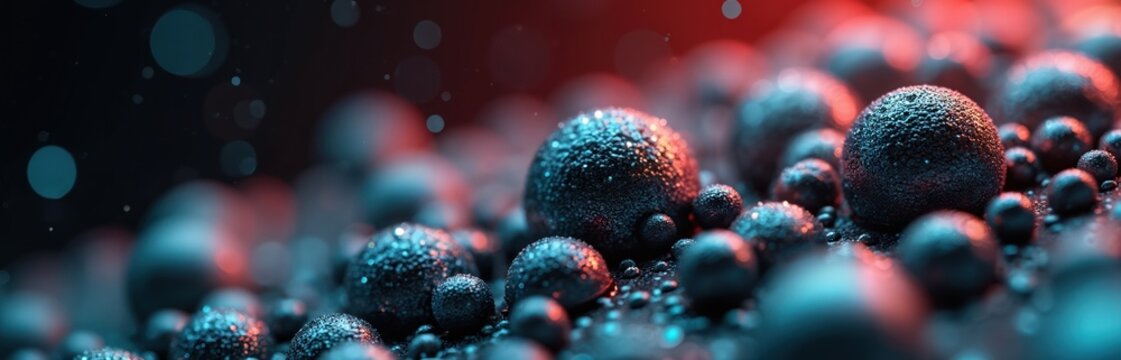 Close-up on metallic nanotech particles over black background. Shiny spheres, glowing with red, blue lights. Concept for innovative solutions, research in nanotechnology, material science abstract