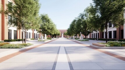 Fototapeta premium Urban Park Path Lush Trees and Statues Lining Brick Buildings, Landscape , Cityscape