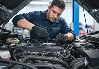 Expert mechanic meticulously repairs car engine in auto shop, ensuring peak performance and safety for drivers on the road