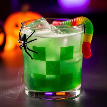 ​A spooky, neon green Halloween cocktail, possibly a Creep-er theme, garnished with a plastic spider and a colorful gummy worm