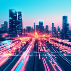 Vibrant Cityscape Neon Light Trails Blur, architecture ,urban